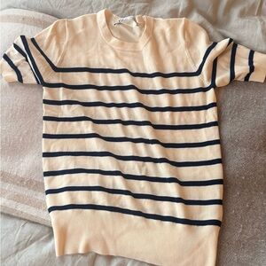 Zara Women's Cream and Black Striped Crewneck Sweater